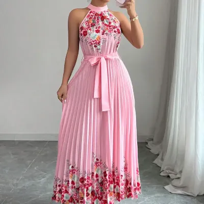 PRINTED PLEATED LONG SKIRT DRESS